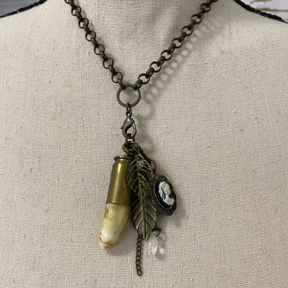 Handmade necklace/ Brass bullet shell with Alligator Tooth